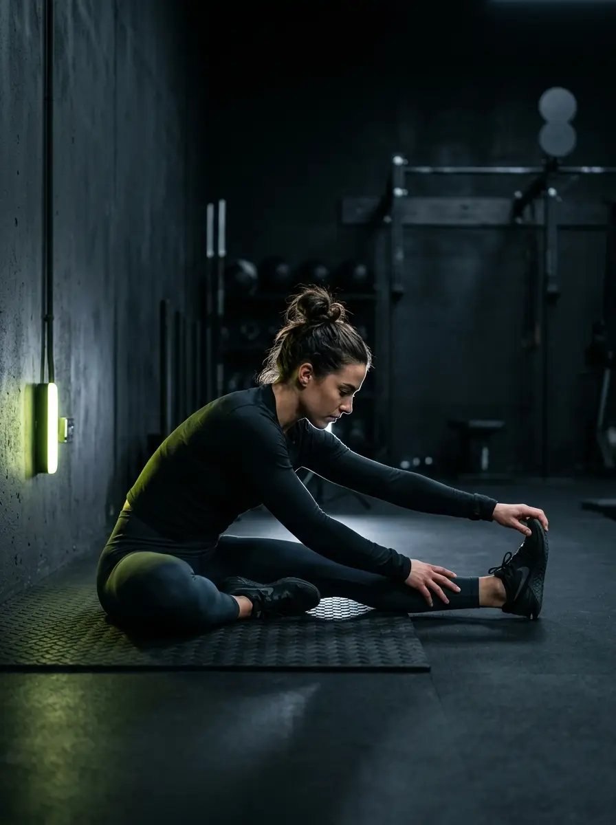 Female athlete stretching during warmup in a dark training facility