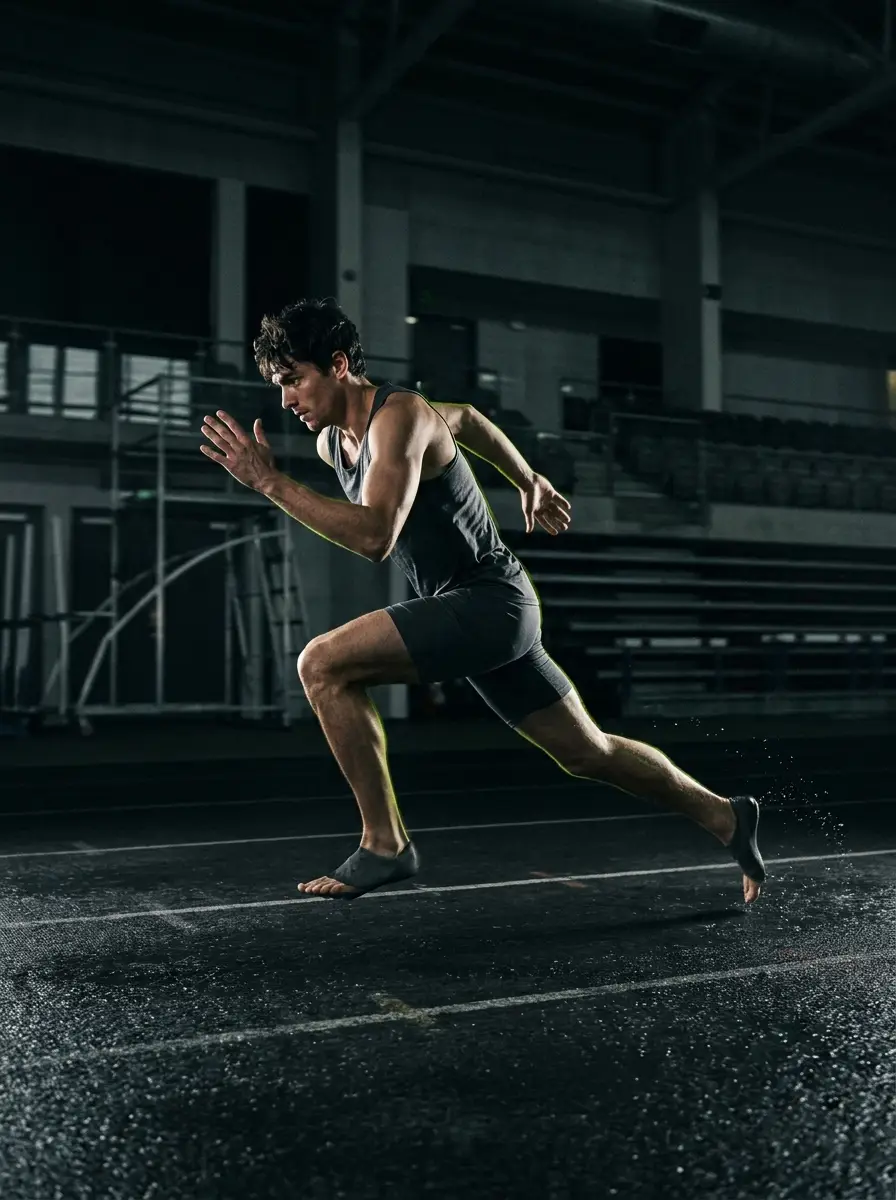 Runner lunging on an indoor track at night