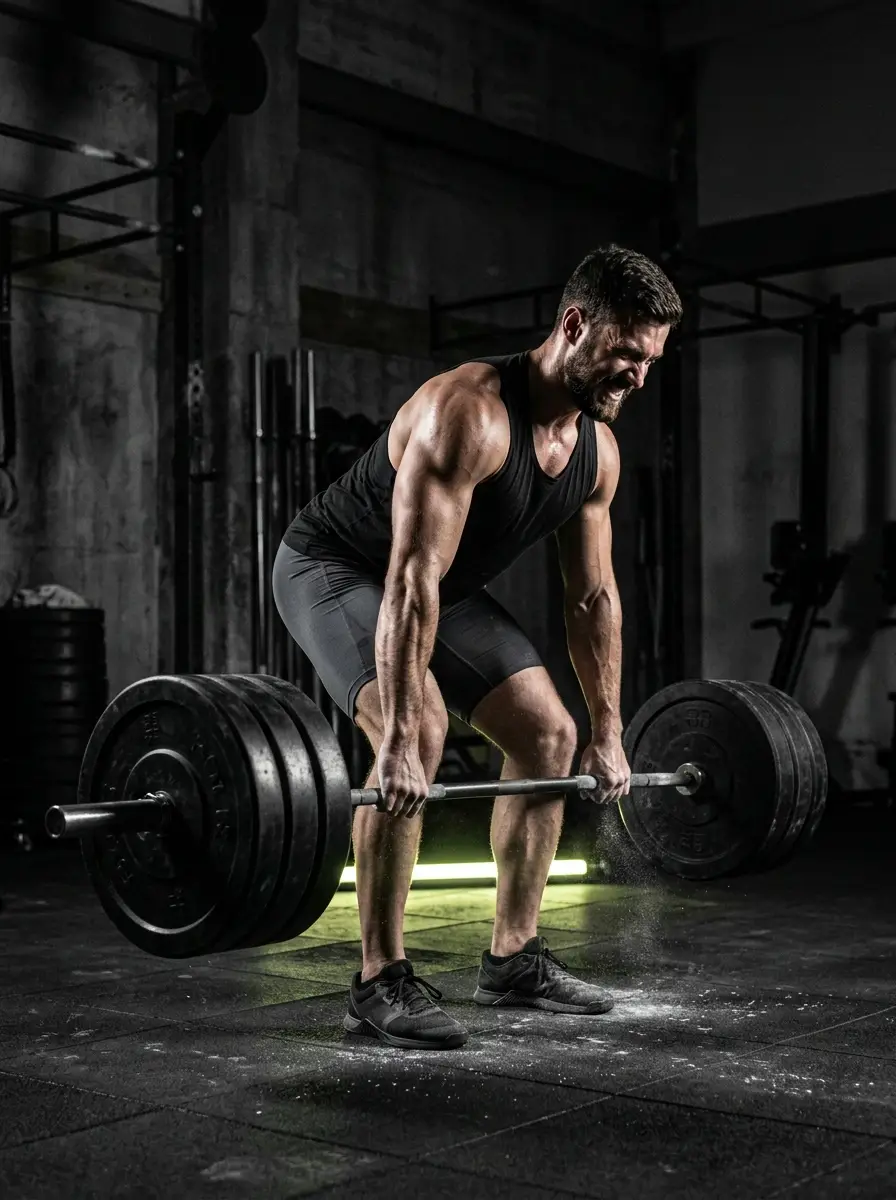 Athlete performing a deadlift in a dark gym