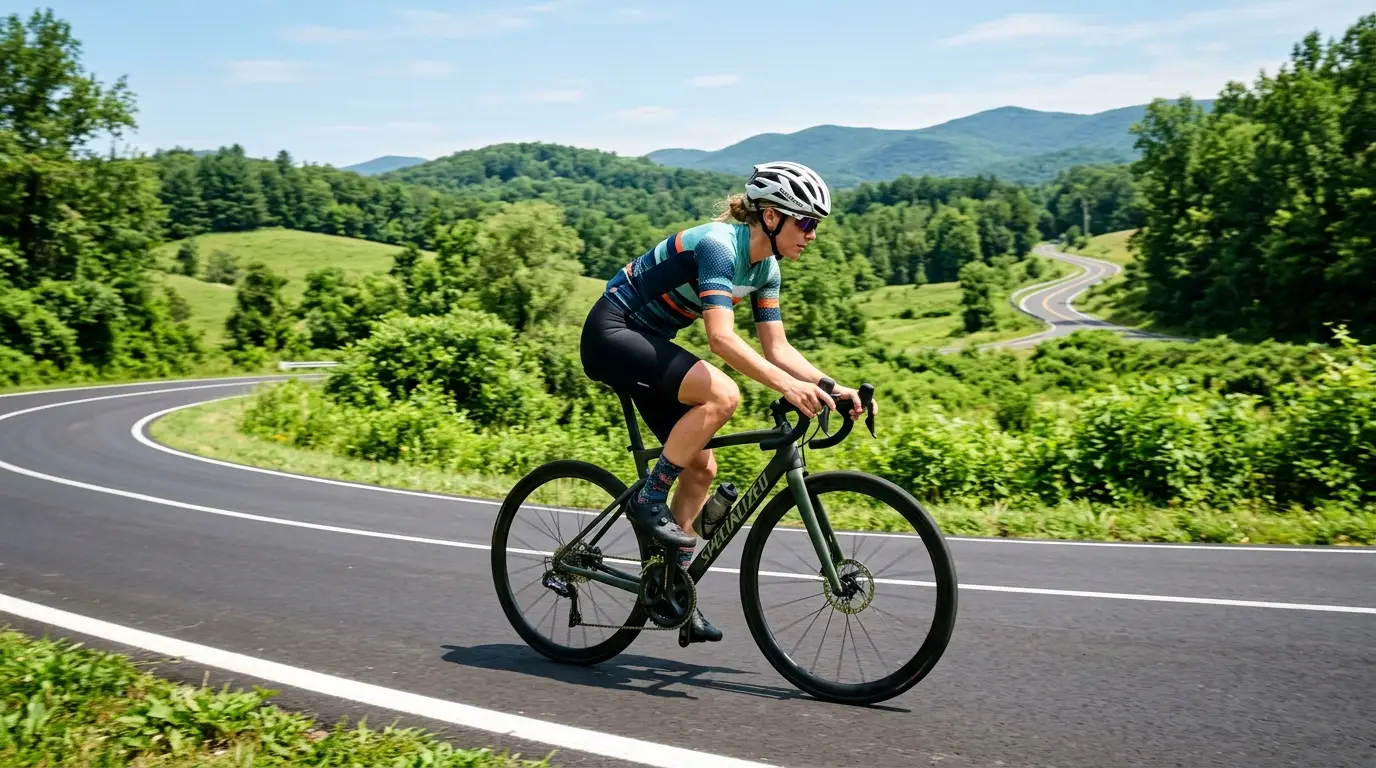 Cyclist training on a sunny open road