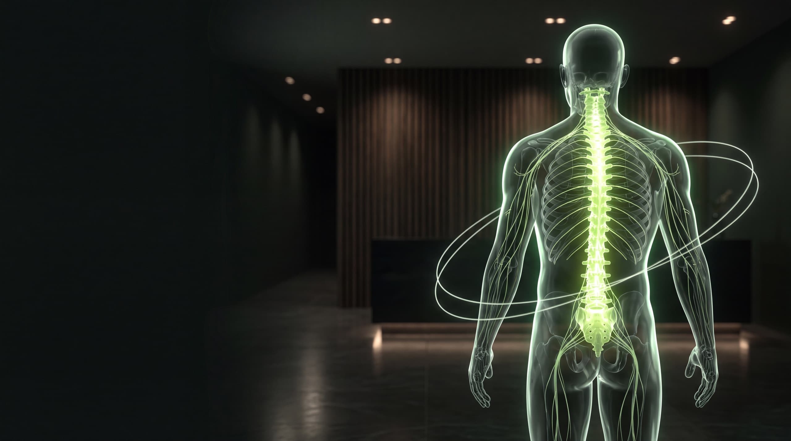 Translucent anatomical spine visualization for Optimize Health Chiropractic Center in Miami Lakes