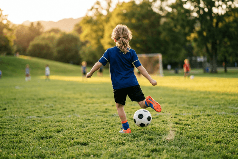 Child playing soccer outdoors