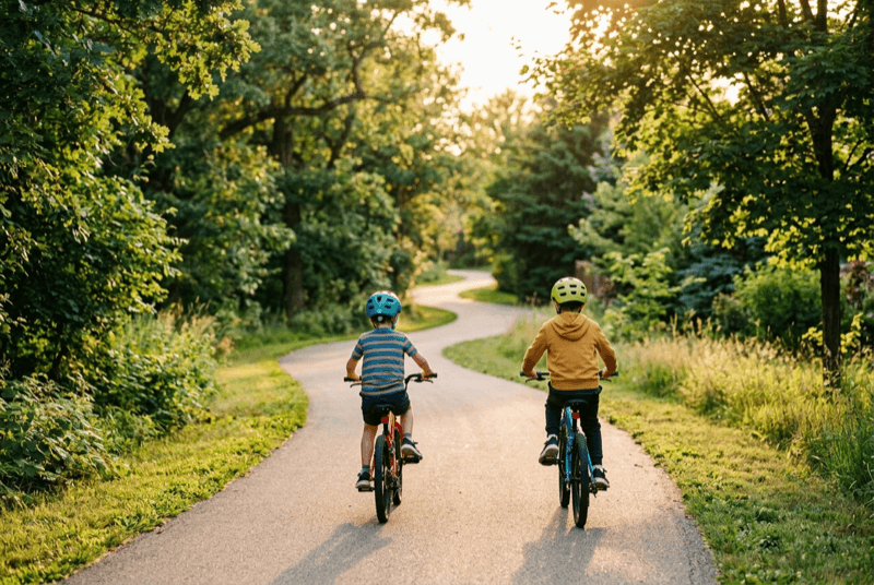 Children riding bikes outdoors on a sunny day