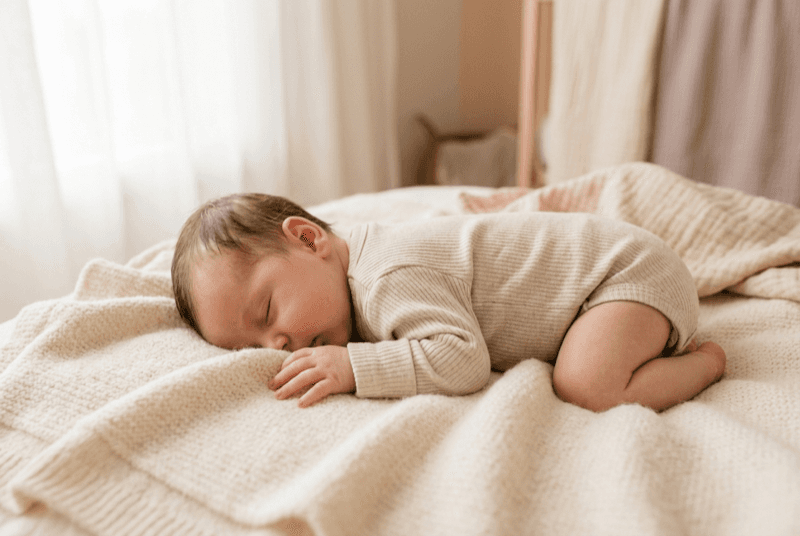 Infant resting calmly on a soft blanket