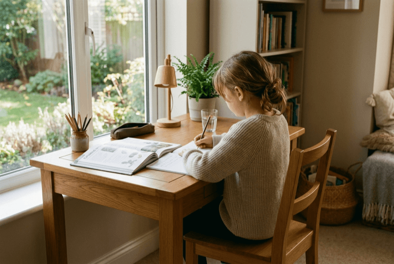 Child studying at a desk with calm natural light