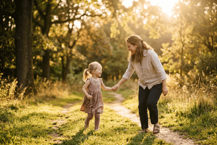 Child playing outdoors with a parent in warm sunlight