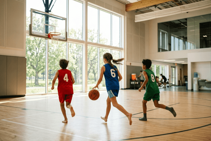 Children playing basketball in a bright gym
