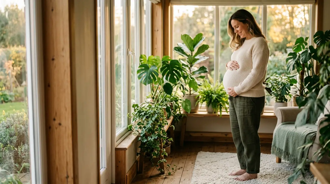Pregnant woman standing by a bright window, gently holding her belly