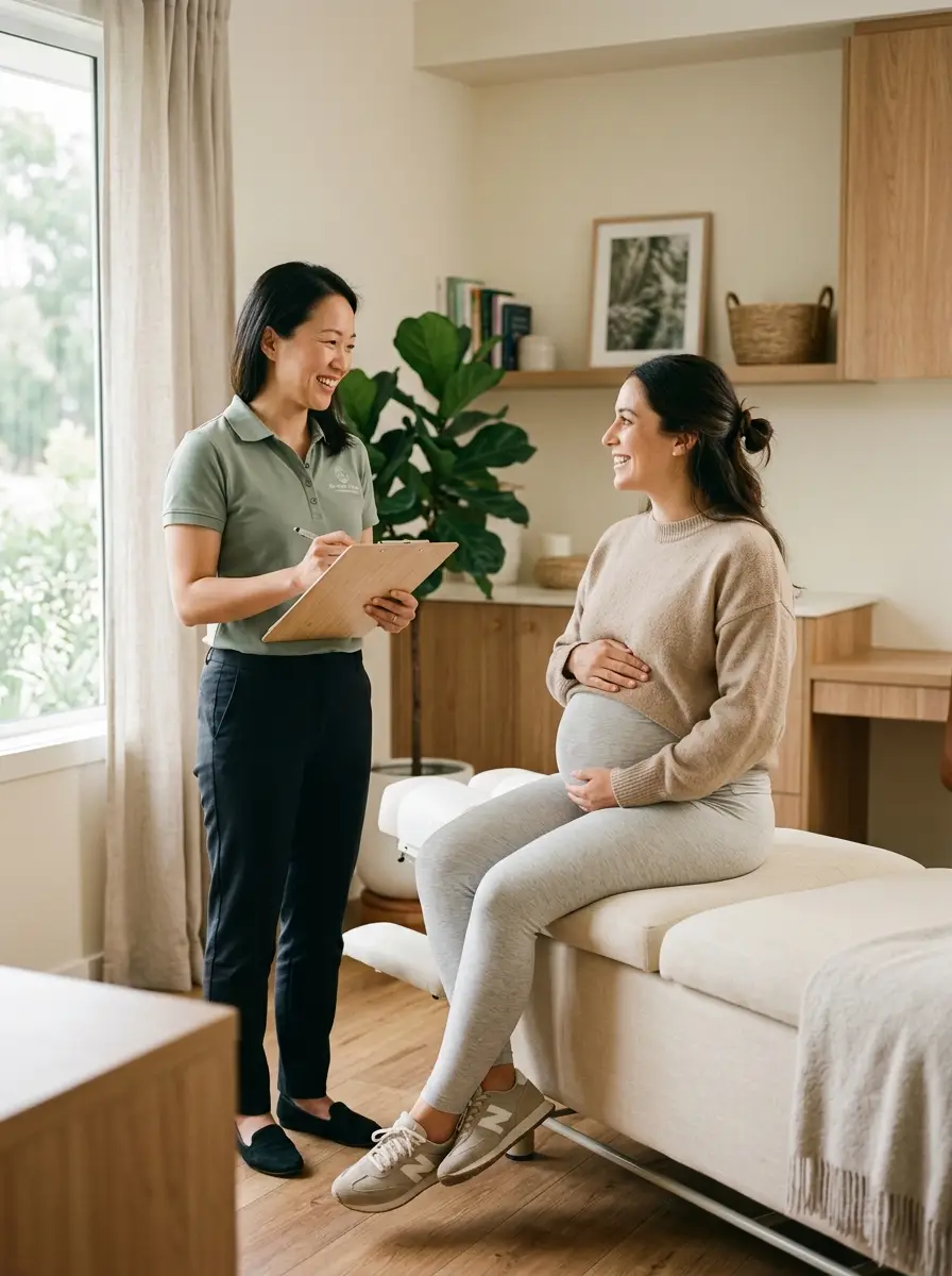 Pregnant patient during a calm prenatal chiropractic consultation