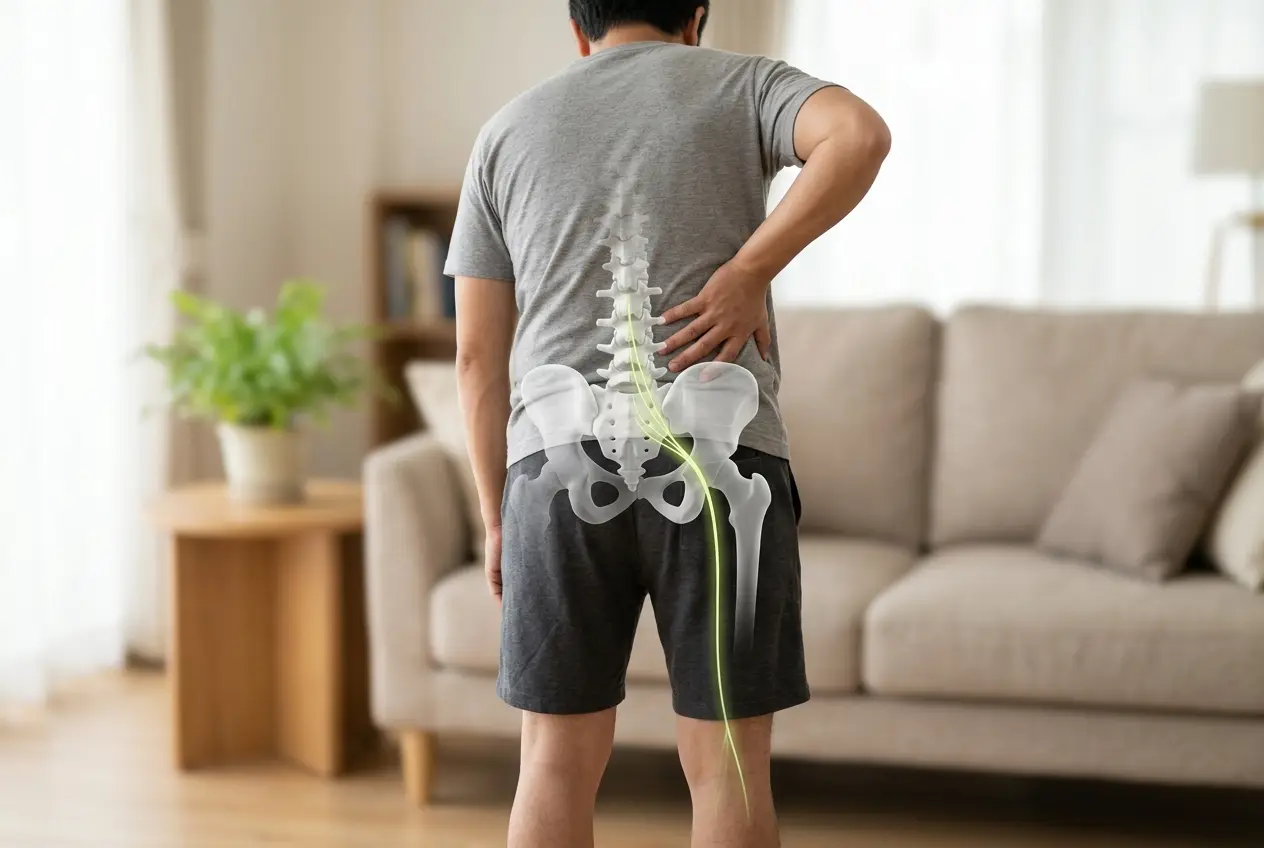 Patient holding lower back with sciatic nerve pathway highlighted