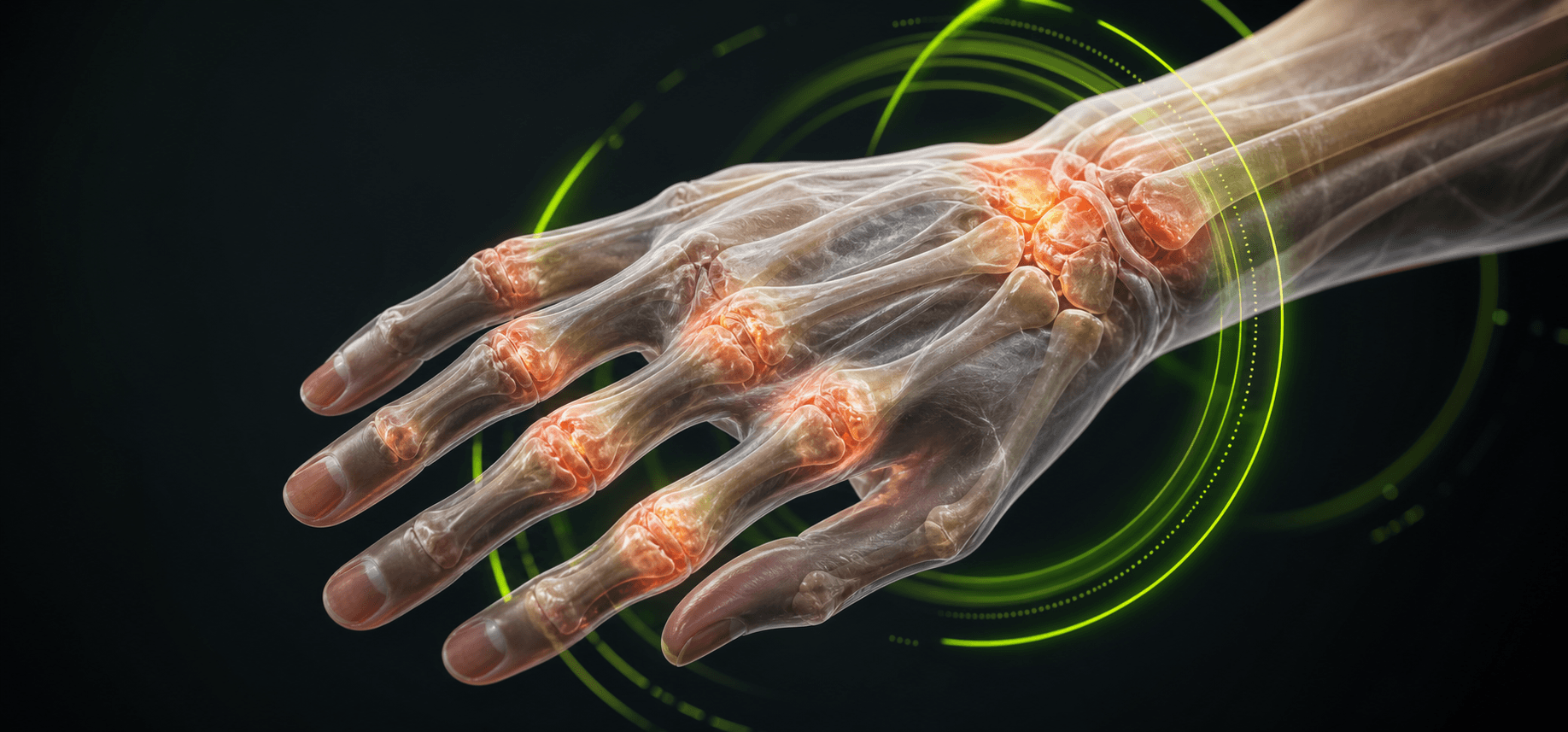 Translucent 3D anatomy illustration of a hand and finger joints affected by arthritis