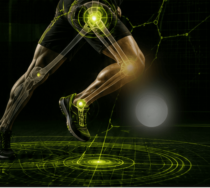 Athlete running with highlighted hip, knee, and ankle alignment