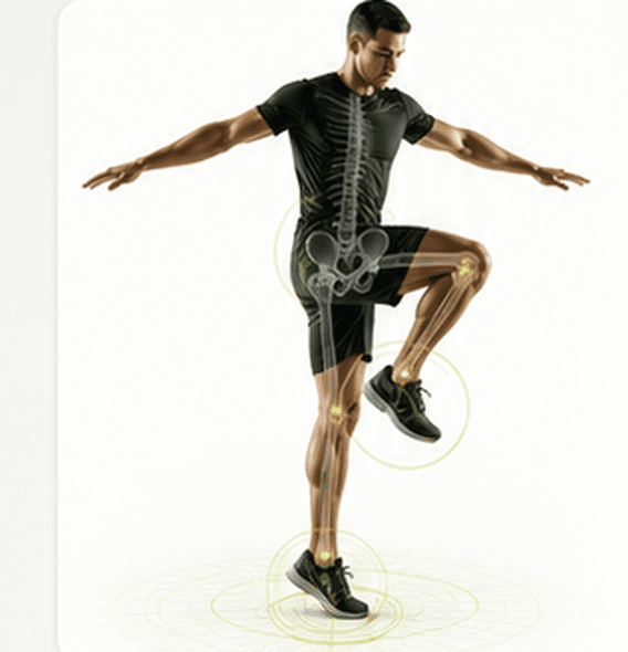 Athlete balancing on one leg with spine and joint alignment overlay