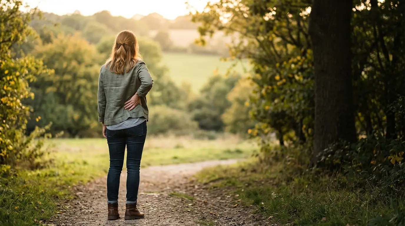 Patient walking outdoors while holding lower back