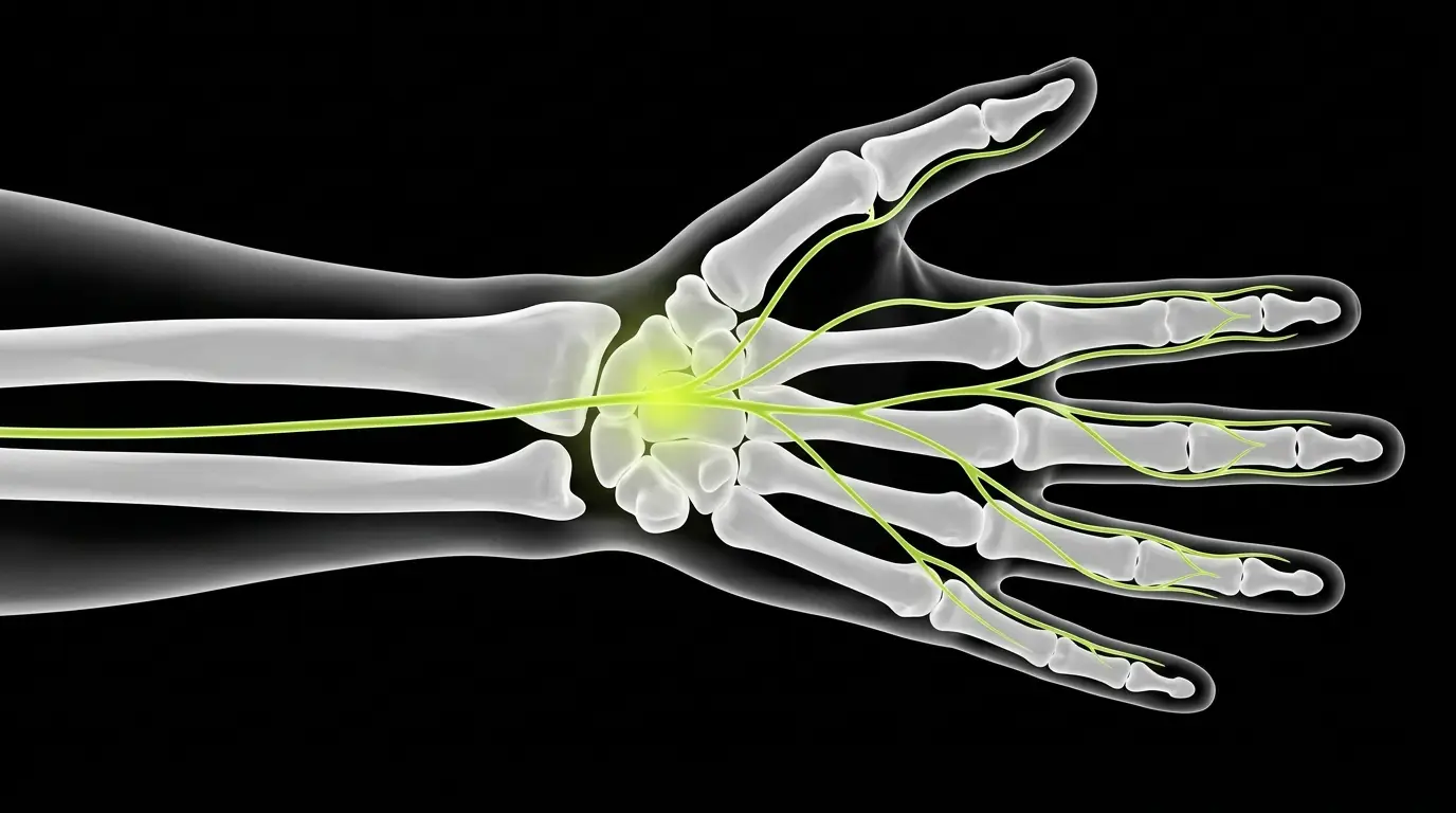 Translucent hand, wrist, and forearm anatomy with a glowing chartreuse median nerve pathway