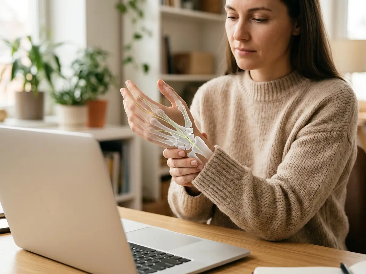 Patient holding wrist near a laptop with median nerve pathway highlighted