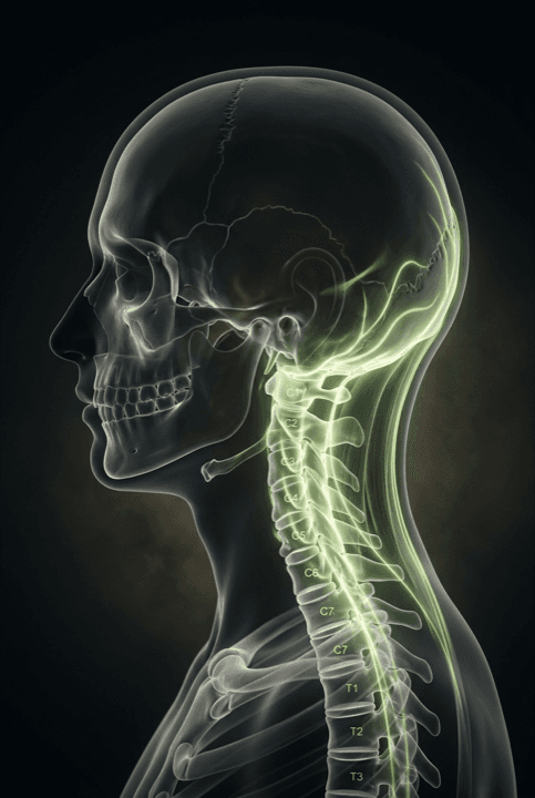 Anatomical side view of the head and neck highlighting tension patterns