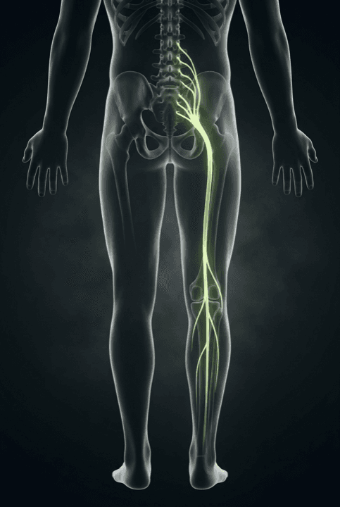 Anatomical view showing the lower spine and sciatic nerve pathway