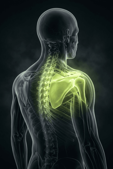 Anatomical view highlighting the shoulder and upper spine area