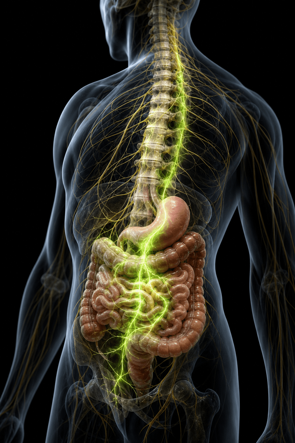 Translucent 3D anatomy illustration of the torso showing spine, nervous system, stomach, and intestines with green nerve-pathway glow