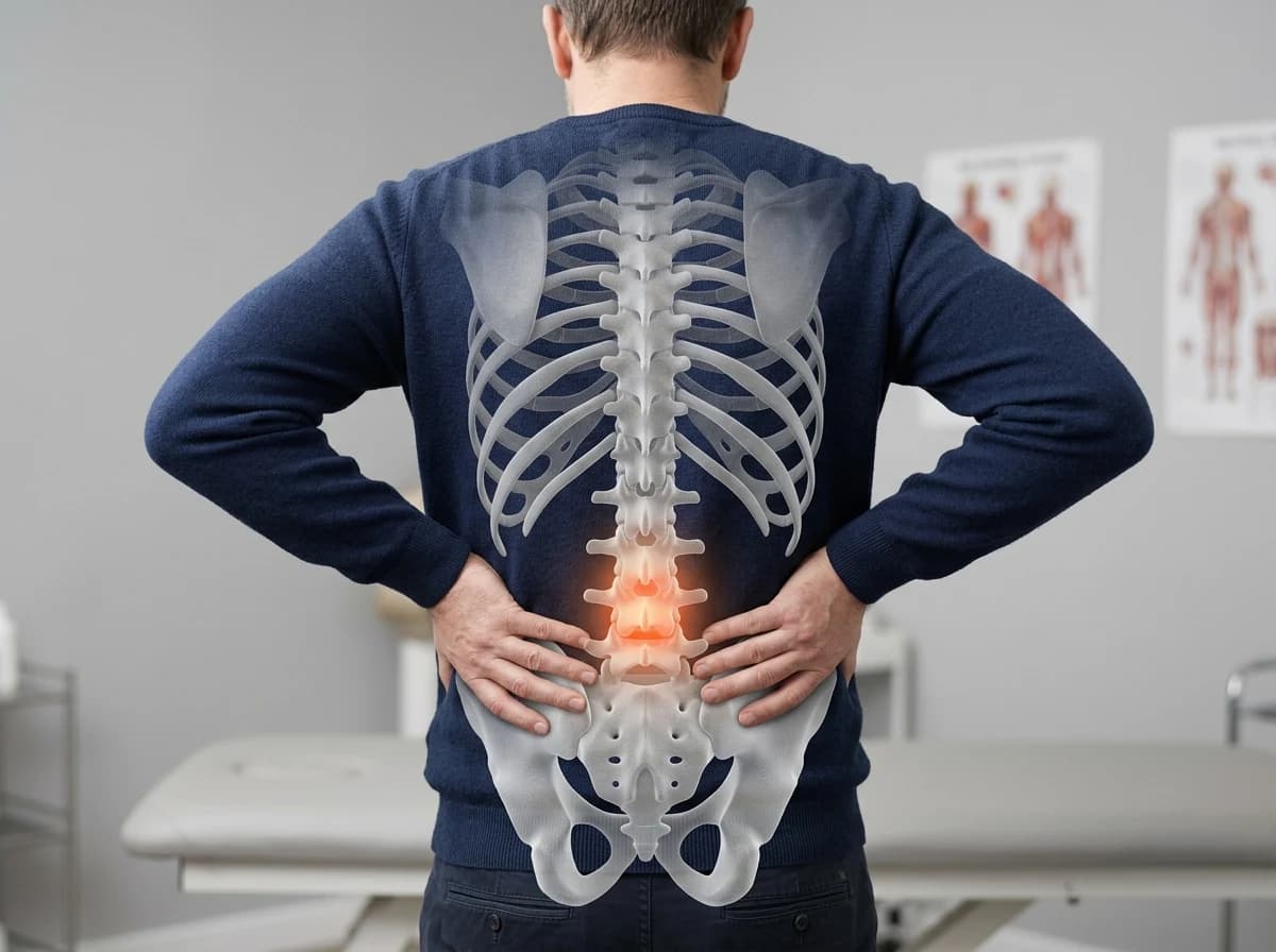 Person from behind with both hands on their lower back, translucent spine overlay highlighting a glowing lumbar disc