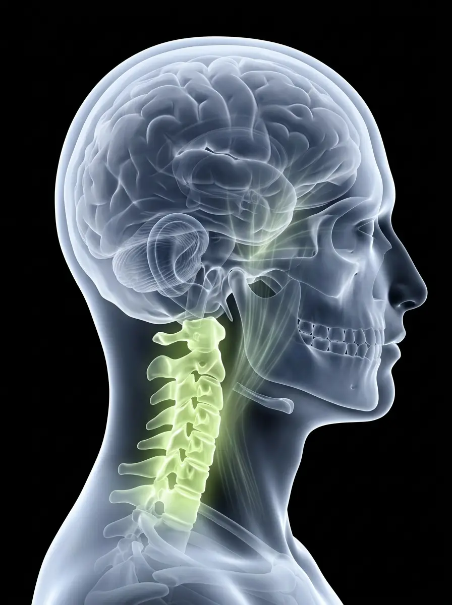 Translucent head and cervical spine visualization showing nerve pathways related to headaches