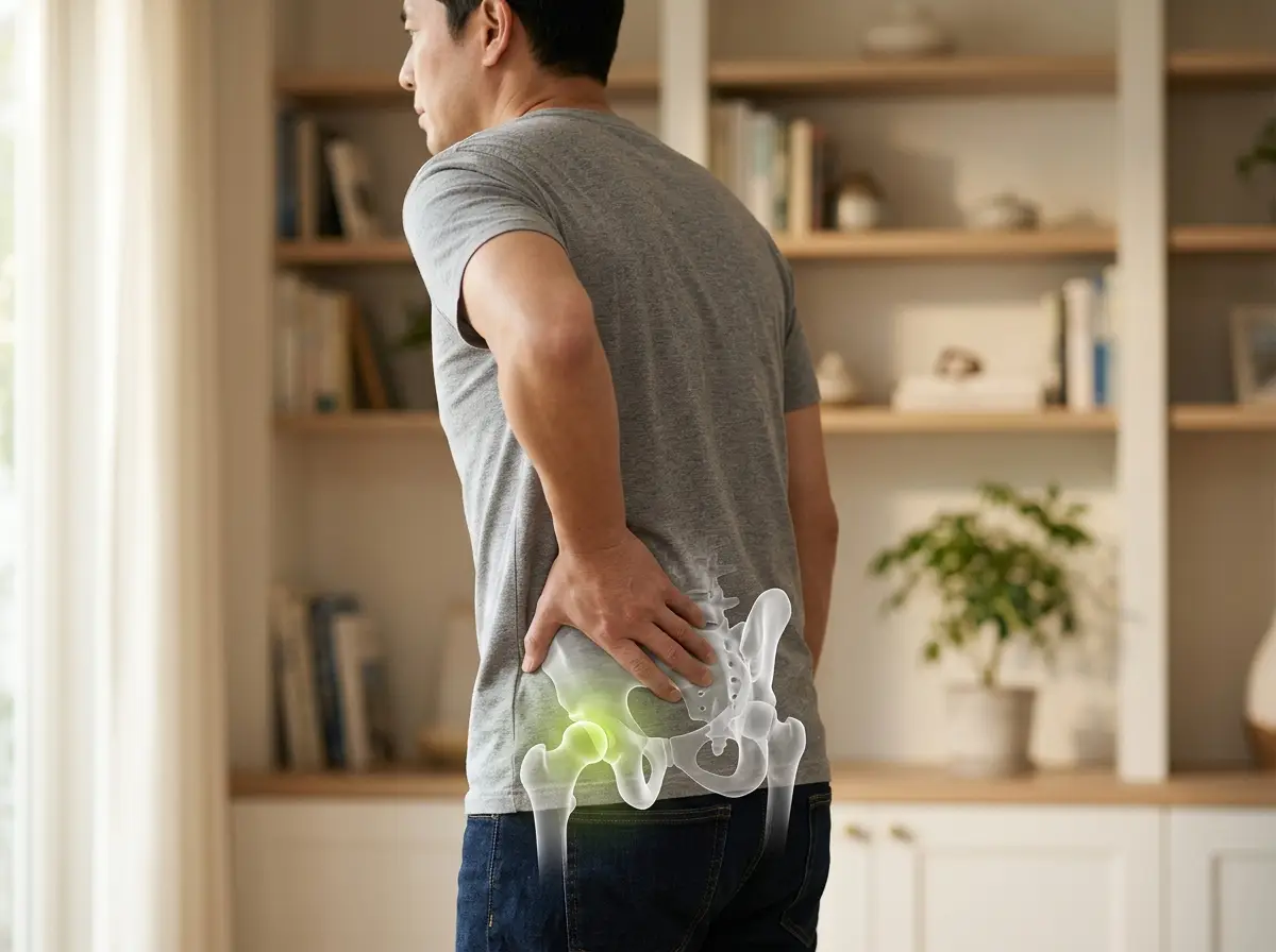Patient holding hip with pelvis and hip joint highlight for hip pain treatment