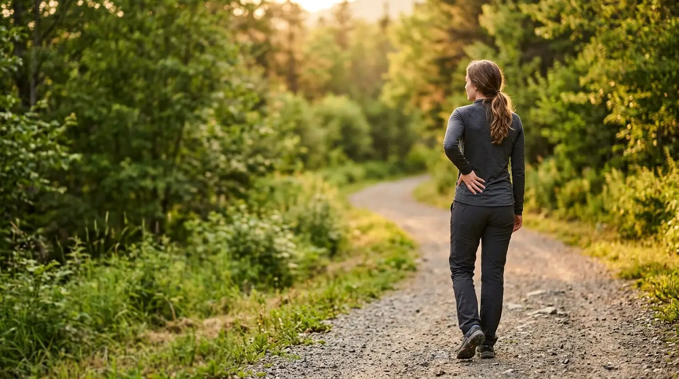 Person walking outdoors with a hand on their hip, feeling more confident in their movement