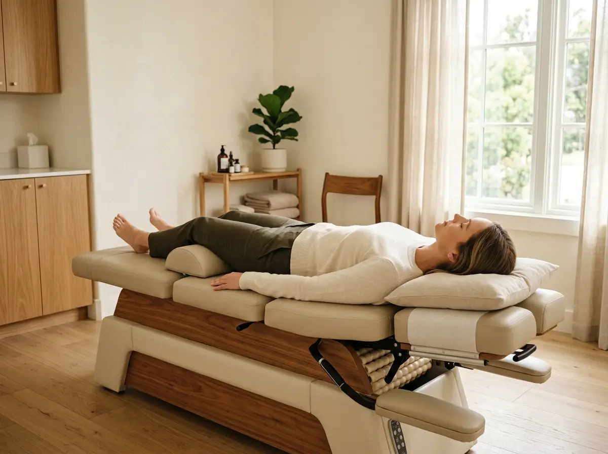 Patient lying on an intersegmental traction table