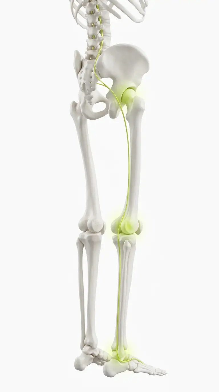 3D lower-body anatomy from lumbar spine through hip, knee, ankle, and foot with a chartreuse movement pathway highlight