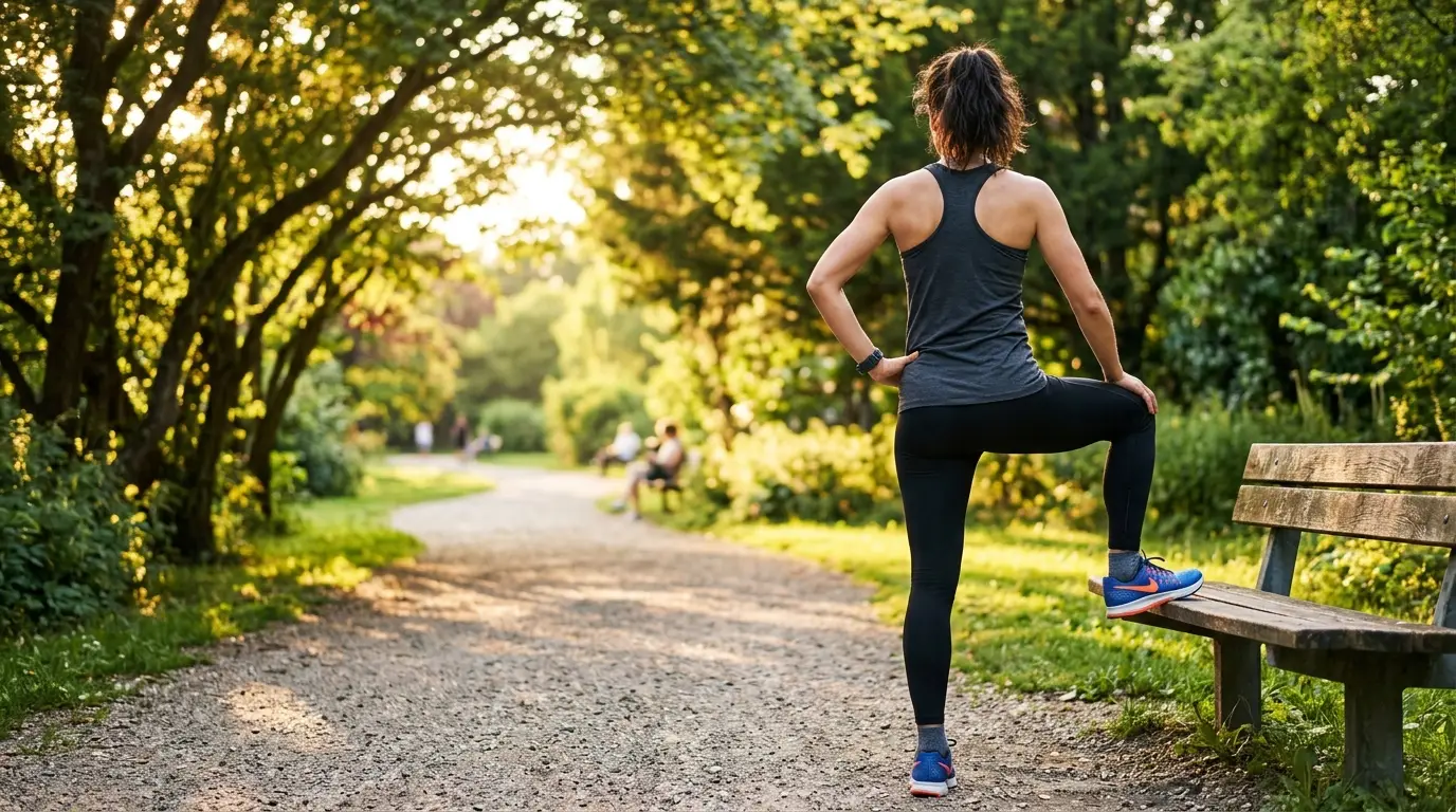 Person stretching outdoors on a park path, feeling more confident in their movement