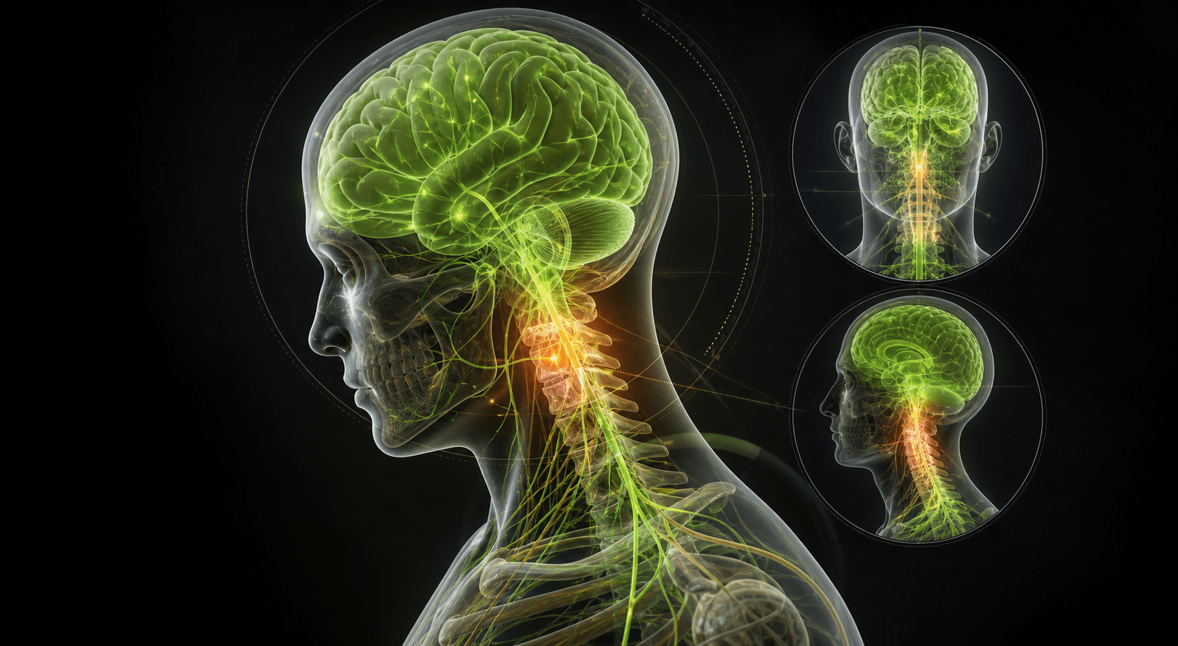 Translucent 3D anatomy illustration of a side-profile brain and cervical spine with lime neural pathways and two circular diagnostic inset views