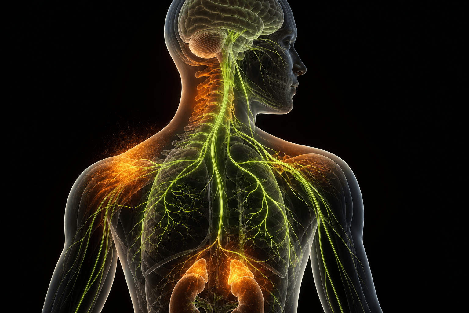 Translucent 3D anatomy illustration of the nervous system and stress-response pathways through the neck, shoulders, and back