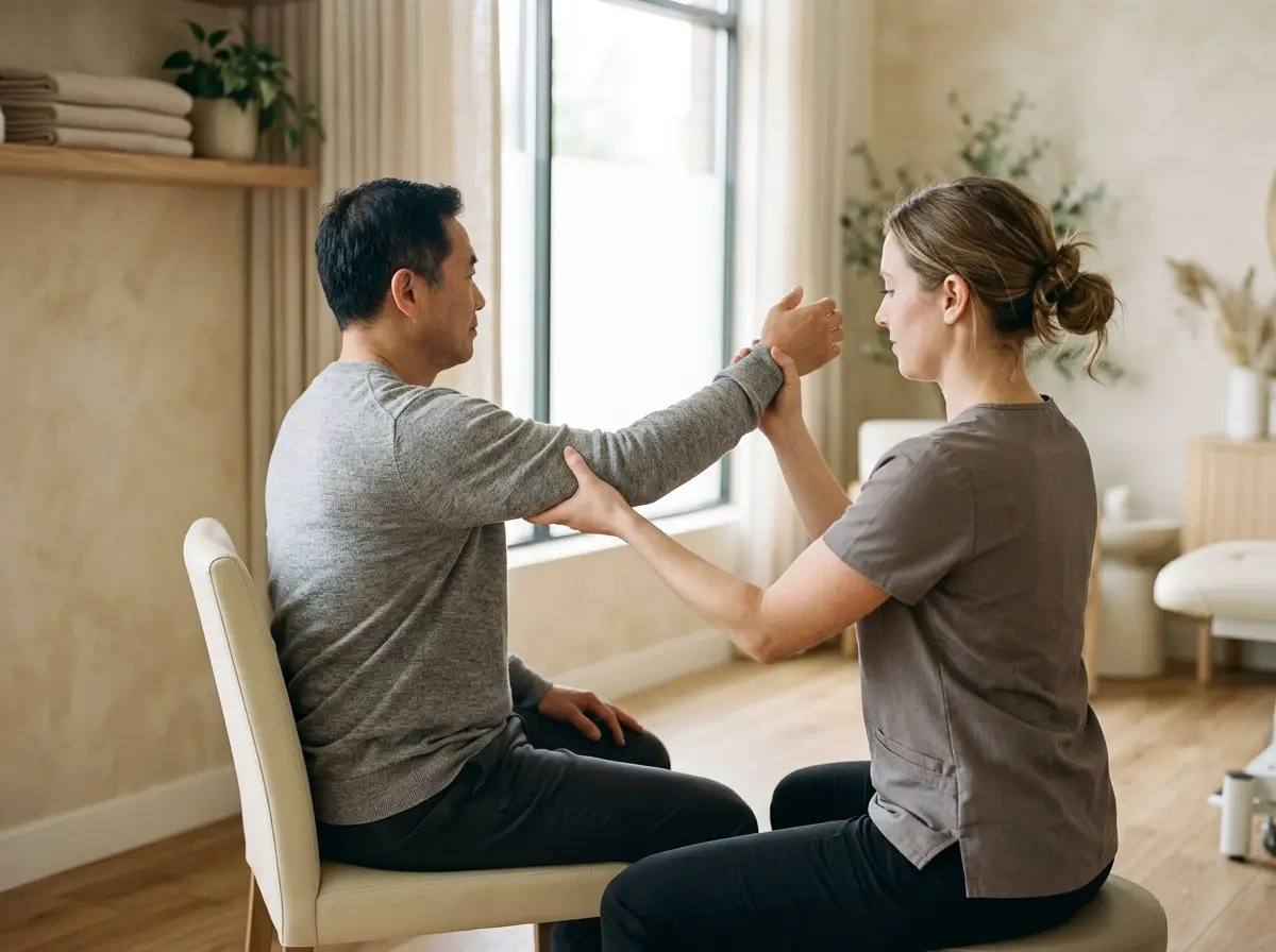 Clinician guiding a patient's shoulder through an assisted stretch