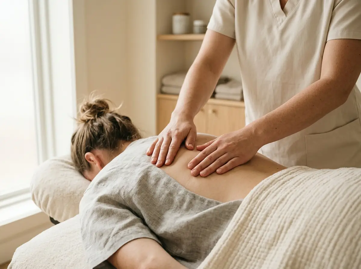 Clinician's hands applying gentle pressure during soft-tissue therapy