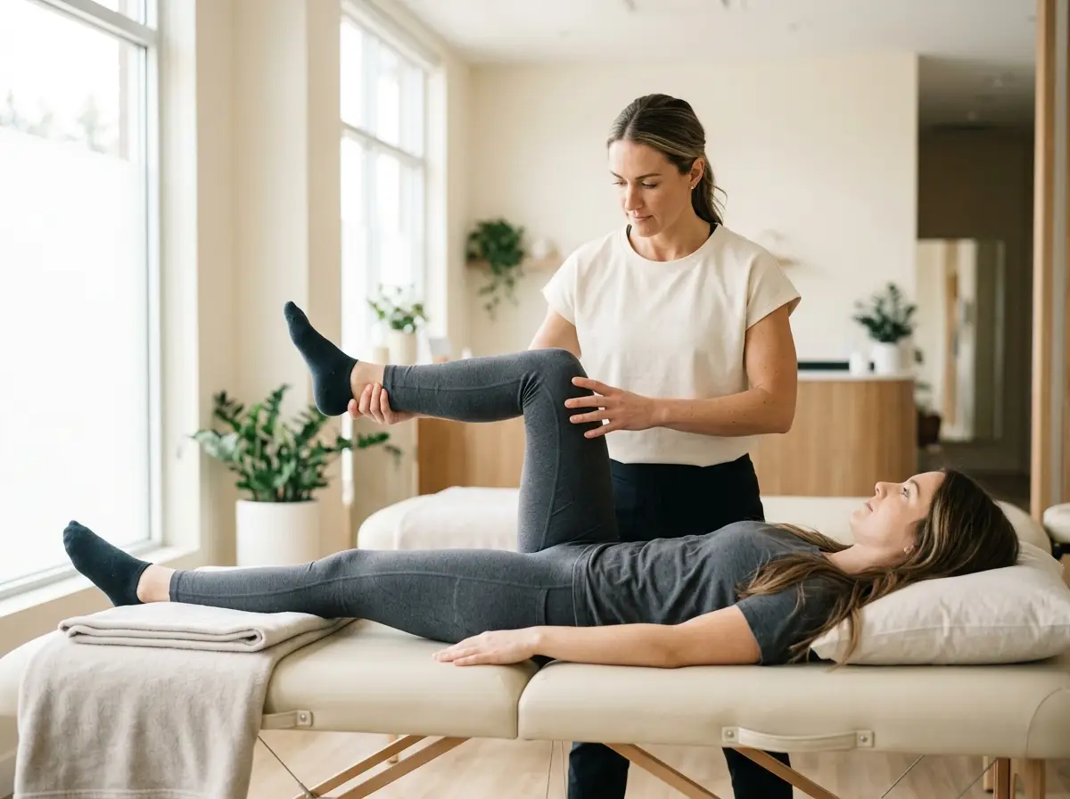 Clinician performing a gentle assisted leg stretch