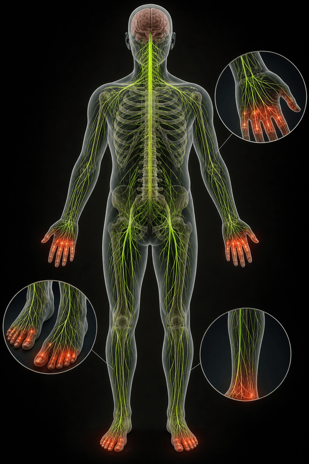 Full-body translucent 3D peripheral nerve map with circular detail callouts on the hands, feet, and ankle