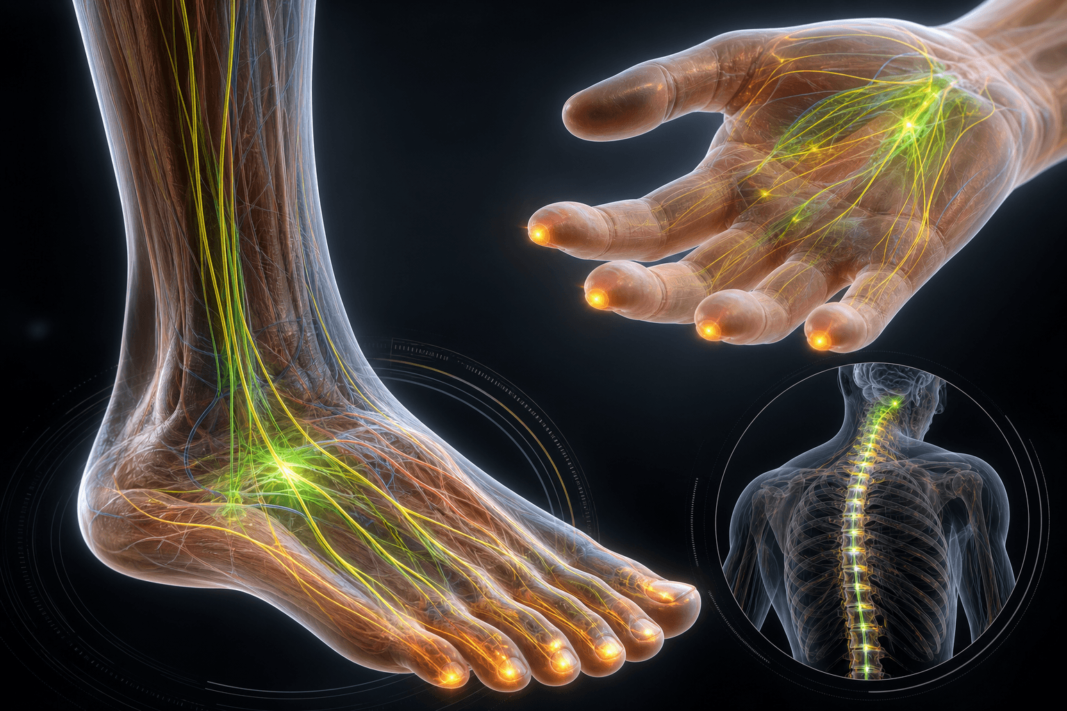 Translucent 3D anatomy illustration of a foot and hand with glowing peripheral nerve pathways and a spine detail inset
