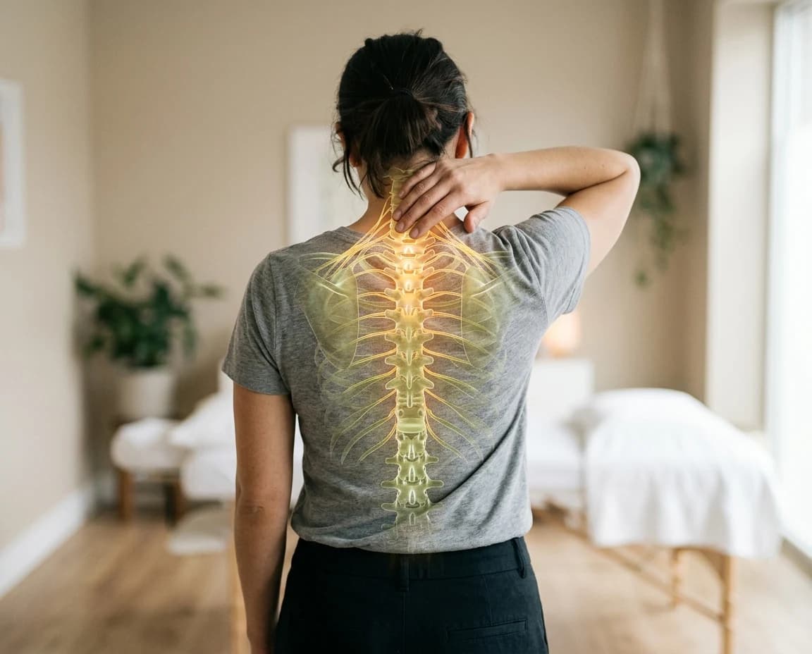 Person from behind with a hand on their neck and upper back, translucent spine and nerve overlay highlighting the affected area