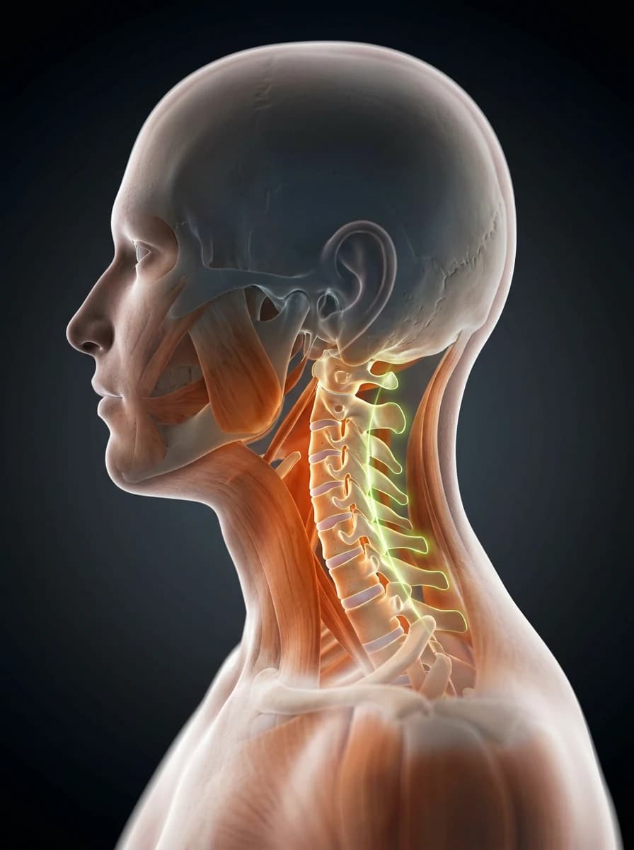 Side-profile 3D anatomy illustration of cervical spine and neck muscles affected by tech neck and forward-head posture