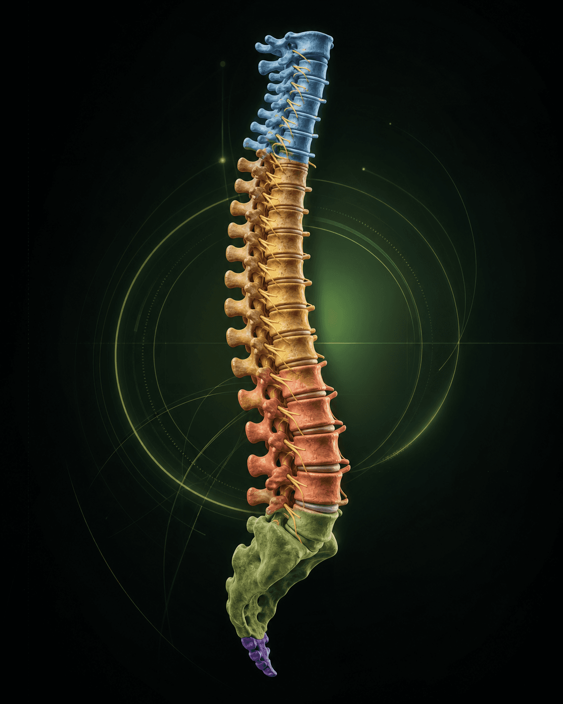 Realistic 3D graphic of the human spine showing cervical, thoracic, lumbar, sacrum, and coccyx regions