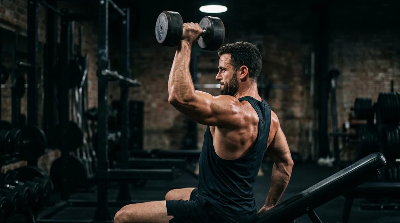 Athletic person lifting a dumbbell, shoulder and upper back engaged