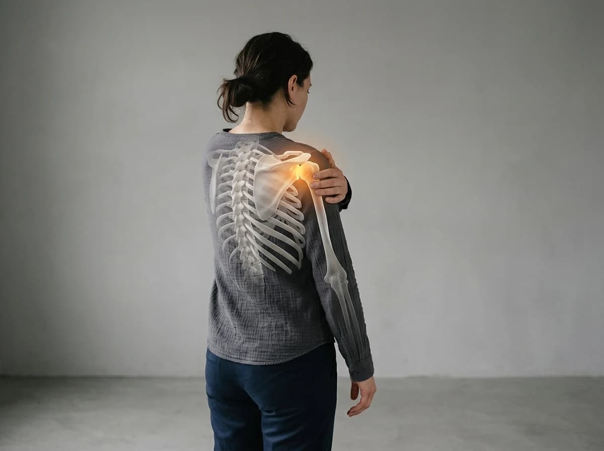 Person from behind holding their shoulder, translucent shoulder anatomy overlay with a warm glow at the joint