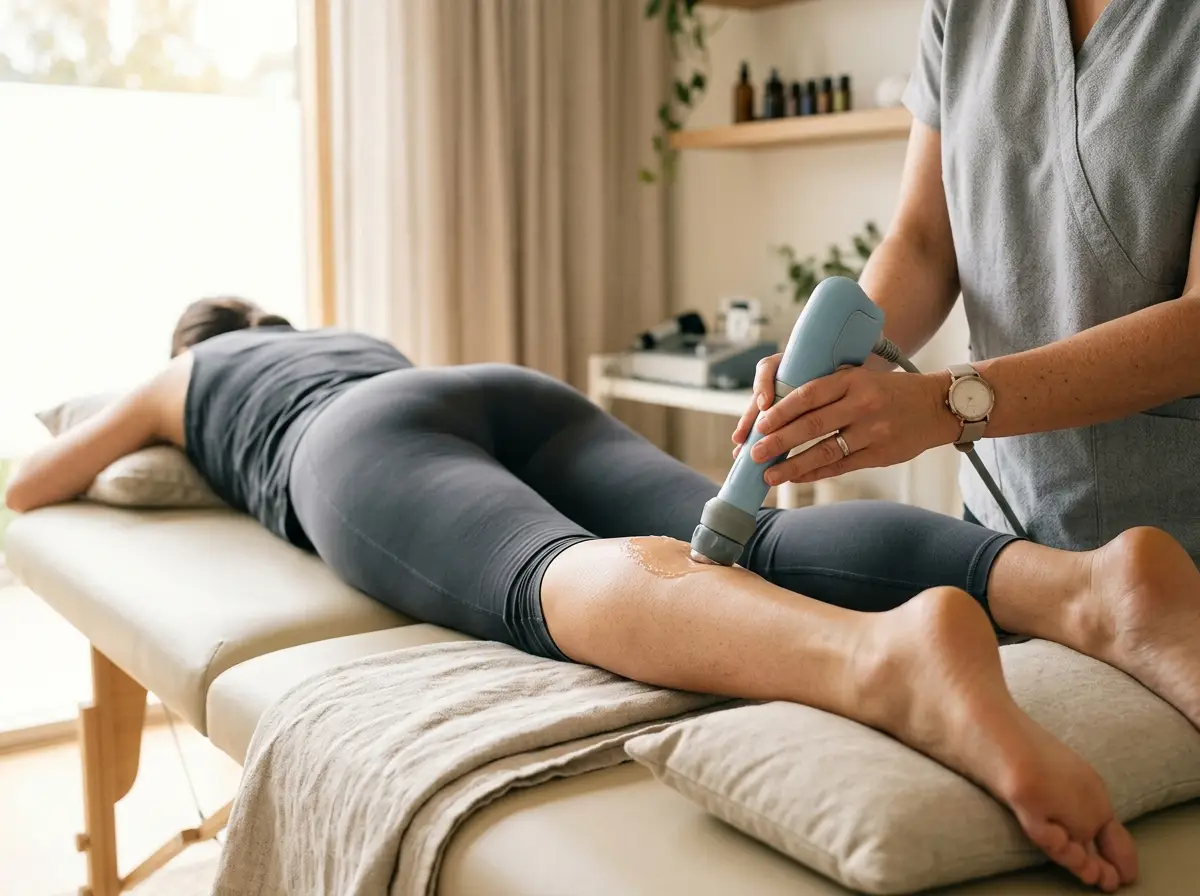 Shockwave therapy device applied to a calf muscle