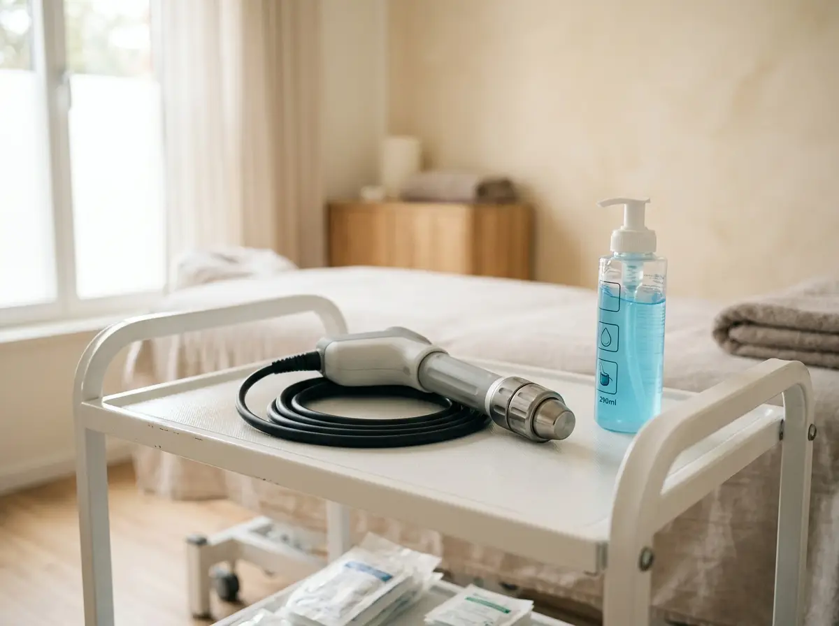Handheld shockwave therapy device resting on a medical cart