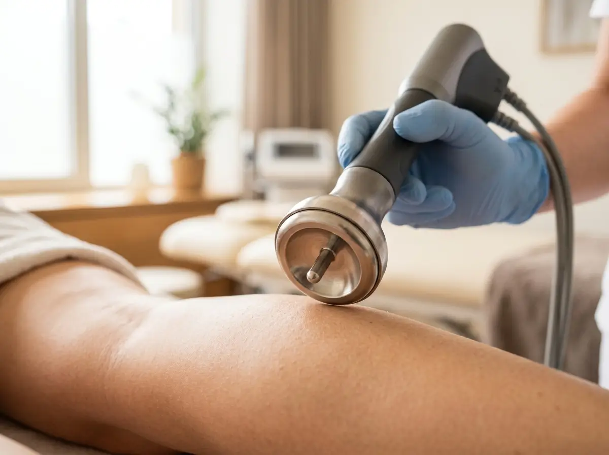 Shockwave therapy device targeting soft tissue