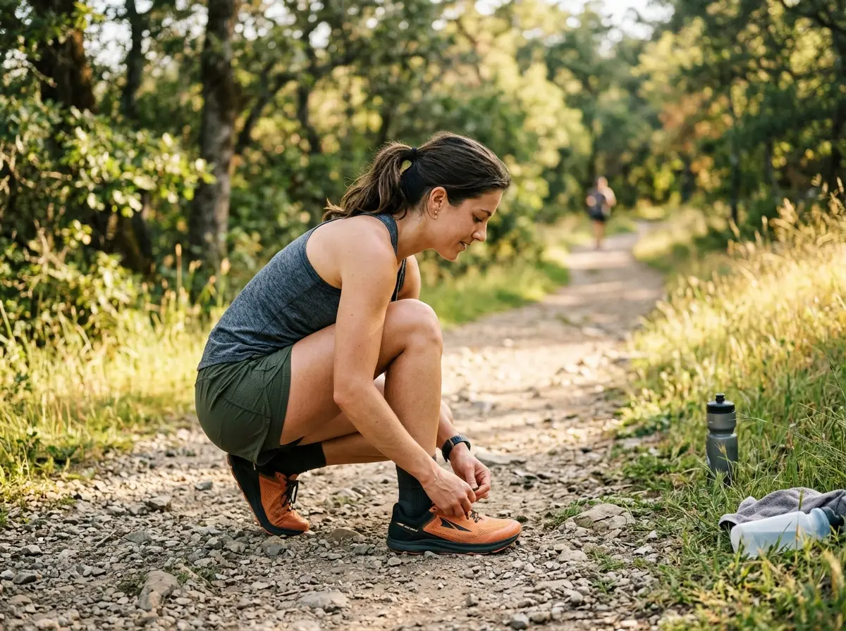 Athlete tying a running shoe on a sunlit path