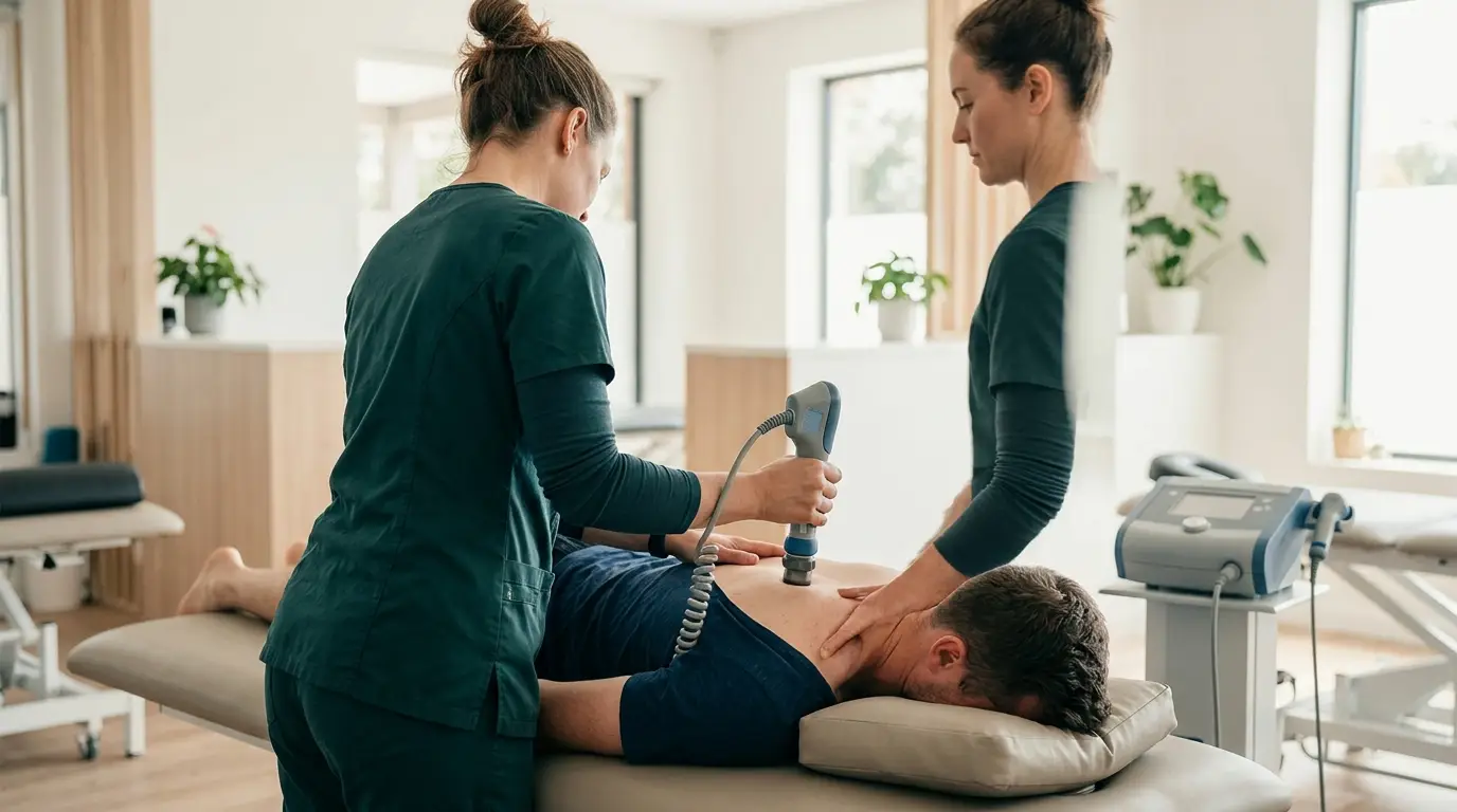 Clinician using shockwave therapy equipment