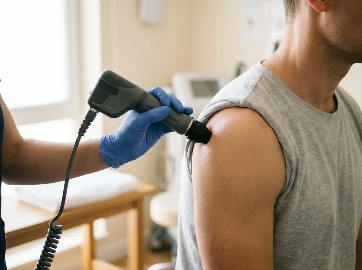 Shockwave therapy device applied during treatment