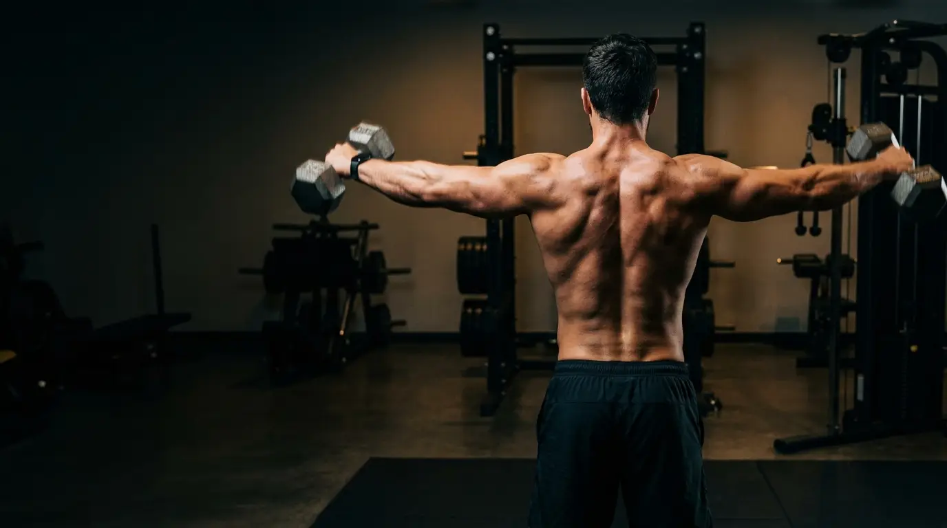 Athletic man performing a shoulder strength exercise